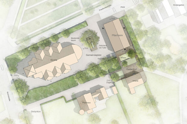 Das neue katholische Pfarrheim an der Friedhofstraße – zwischen St.-Antonius-Kirche und St.-Josef-Kindergarten ZEICHNUNG: THOMAS MÖHLENDICK / O.M. ARCHITEKTEN; QUELLE: KATHOLISCHE KIRCHENGEMEINDE