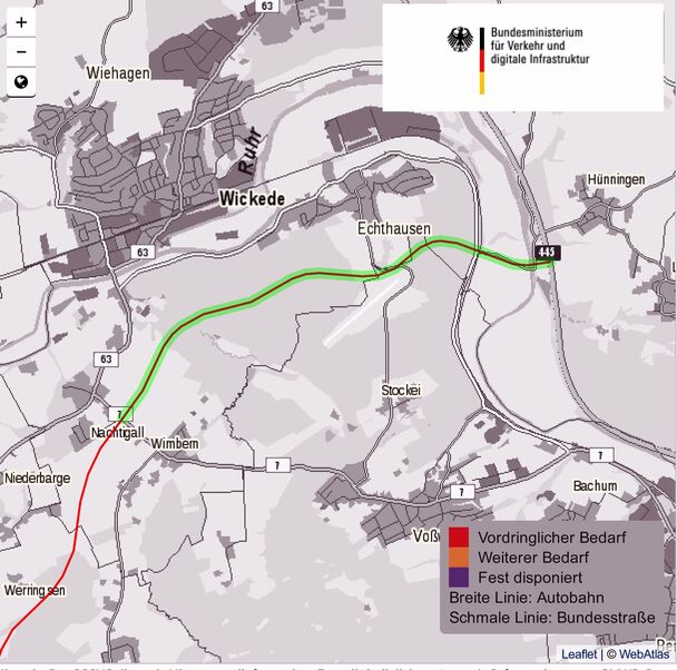 Die Karte aus dem Projektinformationssystem "PRINS" zeigt den möglichen Verlauf einer neuen Bundesstraße quer durch die Gemeinde Wickede (Ruhr). Sie soll die Lücke zwischen der unterbrochenen Autobahn A46 (Hemer/Menden – Arnsberg-Neheim) überbrücken.